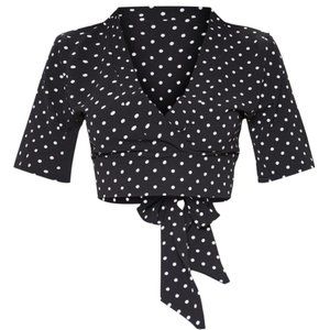 Black Polka Dot Crepe Wrap Crop Blouse US 2